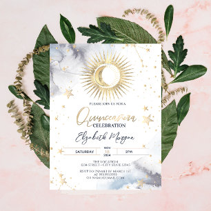 Convites Ouro Celestial Sol, Lua, Estrelas Quinceanera