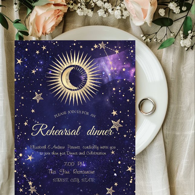 Convites Ouro Celestial Sol, Lua, Estrelas Roxo (Criador carregado)