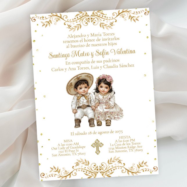 Convites Ouro Charro e Charra Twin Batismo Espanhol (Gold Charro and Charra baptism invitation. Simply add your event details. )