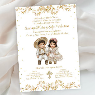 Convites Ouro Charro e Charra Twin Batismo Espanhol