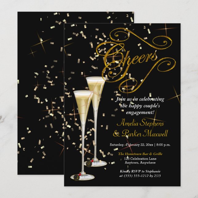 Convites Ouro Confetti Champagne Saúde Festa de noivado (Frente/Verso)
