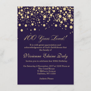 Convites Ouro confetti na Festa de aniversário roxa 100