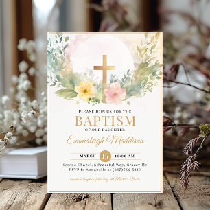 Convites Ouro Cross Florals Christening ou Baptism