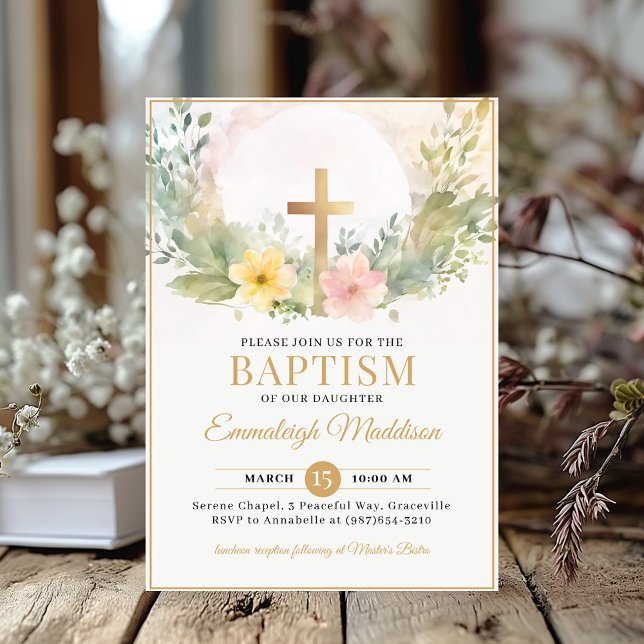 Convites Ouro Cross Florals Christening ou Baptism (Criador carregado)