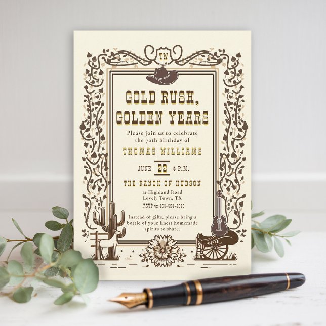 Convites Ouro de anos de russa Dourado no aniversário da vi (men birthday party invitation golden year senior western old west country cowboy rustic botanical)