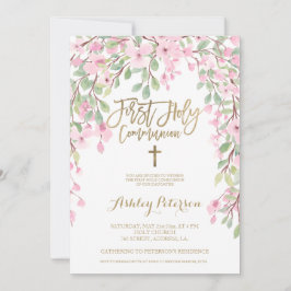 Convites Ouro de aquarela floral rosa Primeira Comunhão San