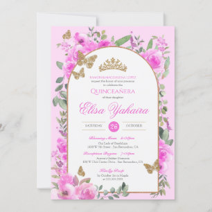Convites Ouro de Aquarela Rosa Quentora-mosca Quinceañera
