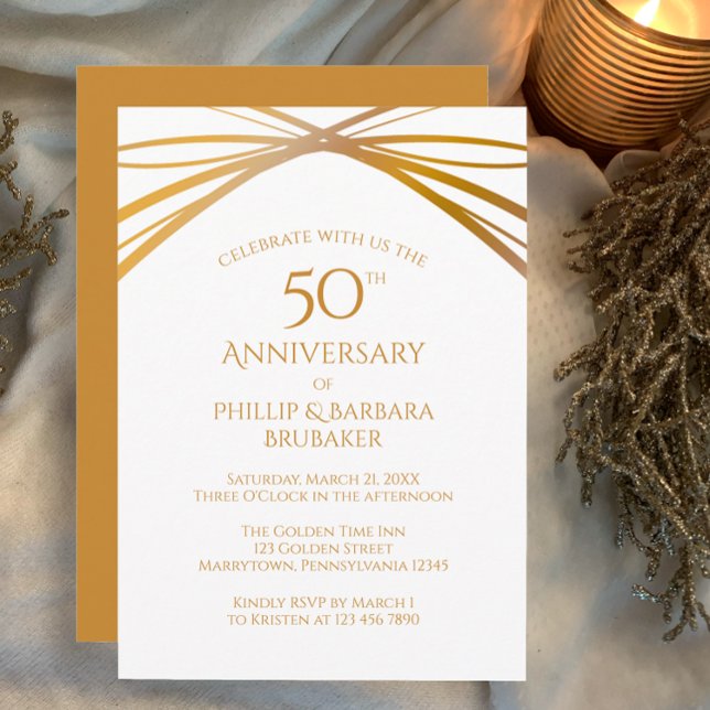 Convites Ouro de Arca Moderna - 50º Festa de Aniversário de (Custom 50th wedding anniversary party invitation modern simple elegant arches golden tan on white.)