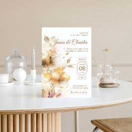 Convites Ouro de Casamento Moderno Russo Floral Branco e Do