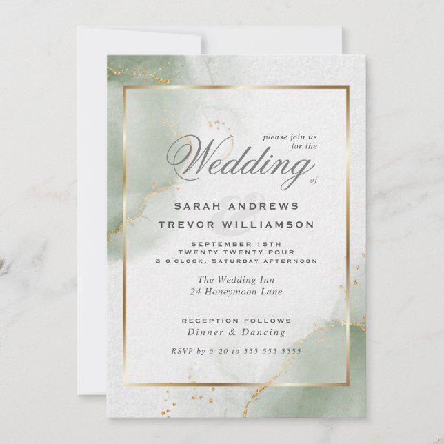 Convites Ouro de Casamento Verde Sage Silenciado  (Frente)