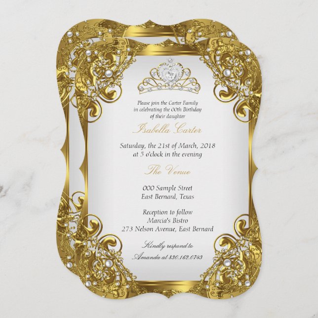 Convites Ouro de Elite Pérola Branca Lace Tiara Festa de an (Frente/Verso)