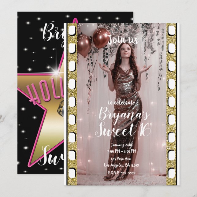 Convites Ouro de Filme de Hollywood Estrela Rosa Doce 16 (Frente/Verso)