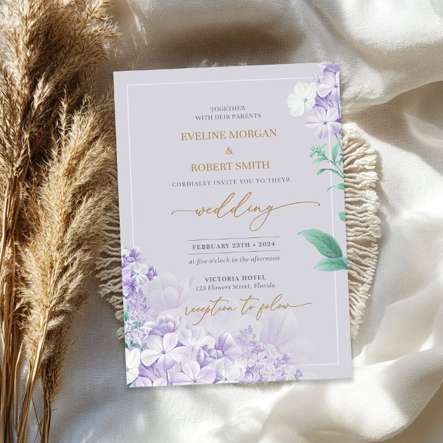 Convites Ouro de flor primavera lilás, de cor impermeável (Elegant watercolor purple spring lilac flower gold invitation)