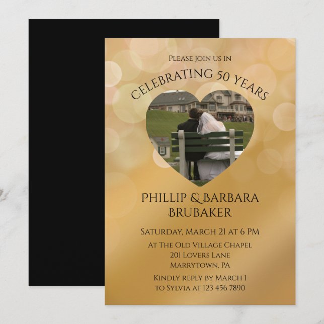 Convites Ouro de Foto do Coração Moderno 50º Aniversário de (Frente/Verso)