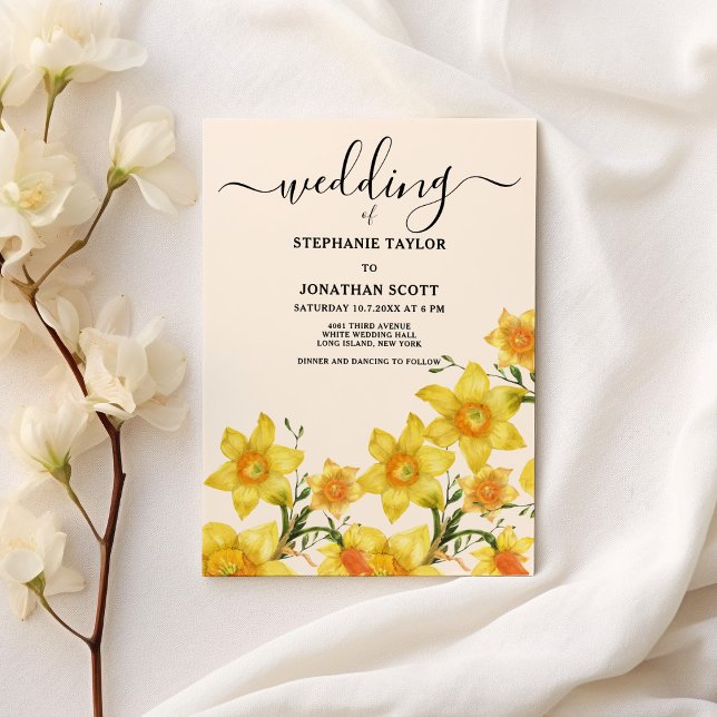 Convites Ouro de marfim botânico daffodils flores casamento (Botanical ivory golden daffodils flowers wedding)