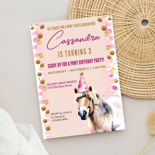 Convites Ouro de pônei, festa de aniversário fofo, aspersor (Pony birthday party template invitation digital download cute pony horse wearing party hat gold pink)