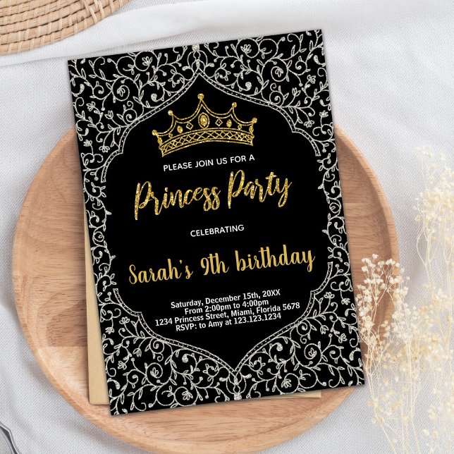 Convites Ouro de prata - princesa branca brilhante Aniversá (Silver Golden Glitter White Princess Birthday Invitation)