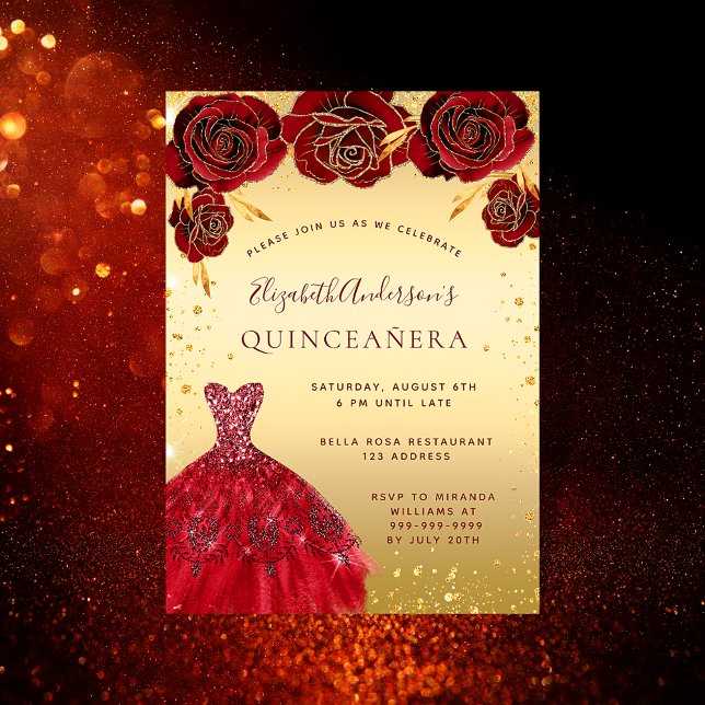 Convites Ouro de Quinceanera, glitas vermelhas e luxo flora (Criador carregado)
