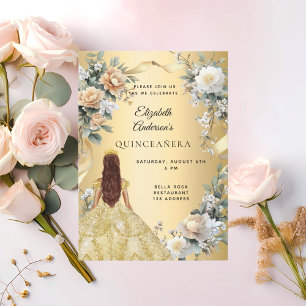 Convites Ouro de Quinceanera veste florais amarelos