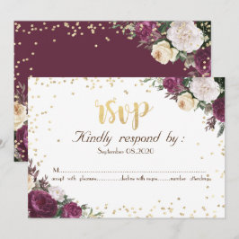 Convites Ouro Diamantes Borgonha Floral RSVP