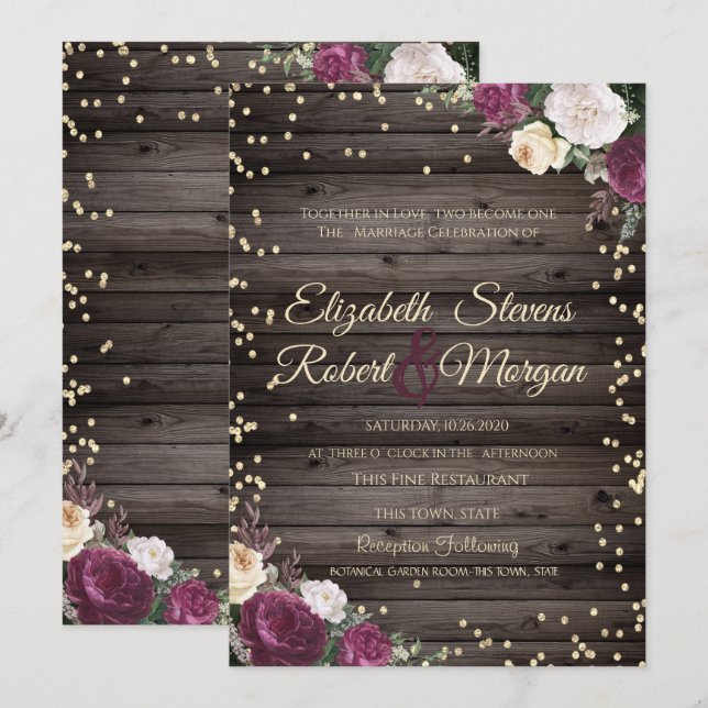 Convites Ouro Diamantes Borgonha Flores Madeira (Frente/Verso)