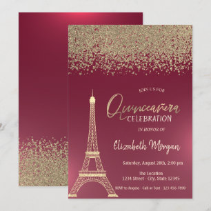 Convites Ouro Diamantes, Torre Eiffel Vermelho Quinceanera