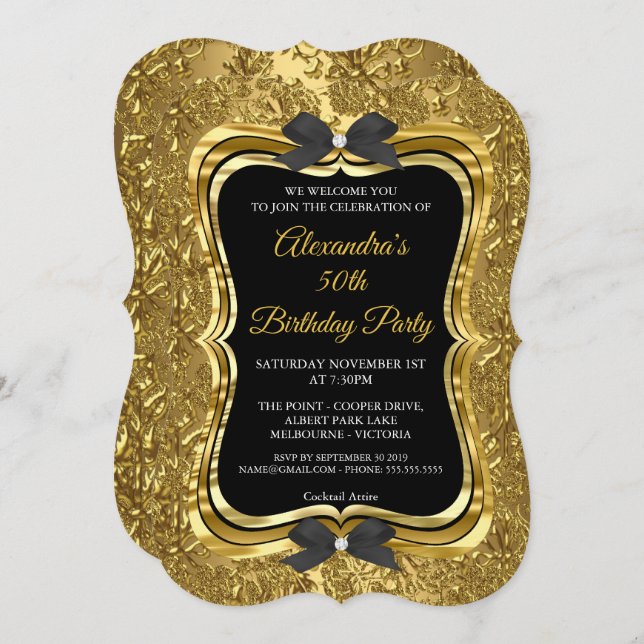 Convites Ouro Dourado Elegante 50ª Festa de aniversário Pre (Frente/Verso)