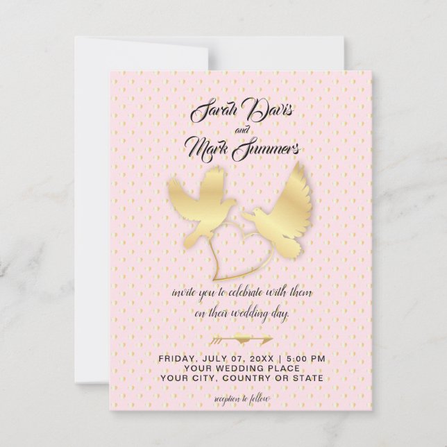 Convites Ouro Doves and Swans, um Ouro Casamento Coração (Frente)