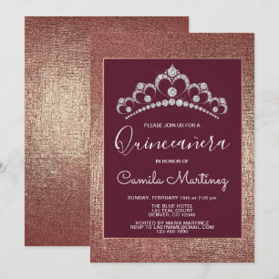 Convites Ouro e Borgonha cor-de-rosa Quinceanera com tiara