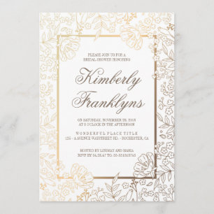 Convites Ouro e chá de panela floral branco do vintage
