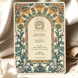 Convites Ouro e Florais Verdes Art Nouveau Casamento