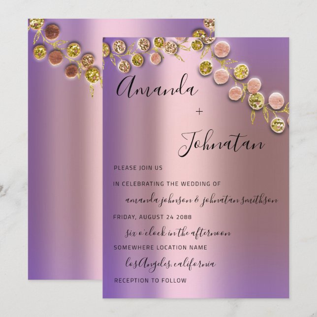 Convites Ouro Elegante De Casamento Roxo De Rosa (Frente/Verso)