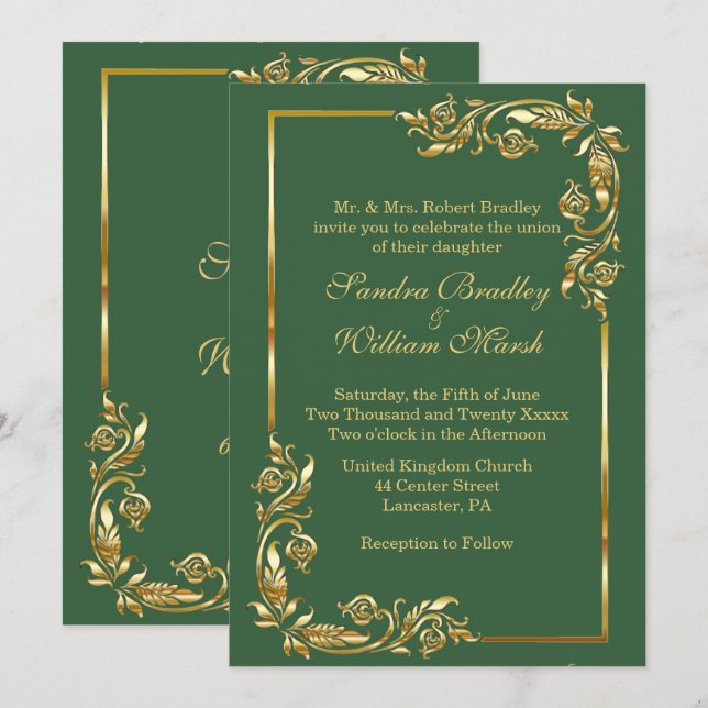 Convites Ouro Elegante de Quadro de  Verde com Impressão Do (Frente/Verso)