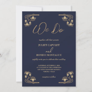 Convites Ouro elegante Deco em azul nós fazemos casamento