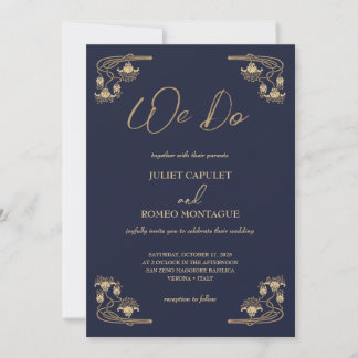 Convites Ouro elegante Deco em azul nós fazemos casamento