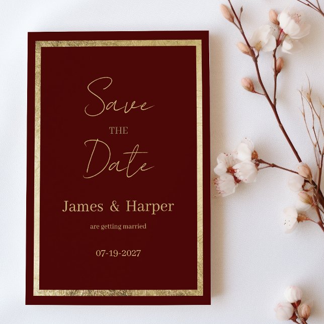 Convites Ouro elegante e minimalista, salve a data (Minimalist elegant burgundy gold Save the Date)