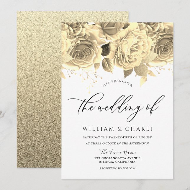 Convites Ouro Elegante Flói Casamento de Todos os Camarões (Frente/Verso)