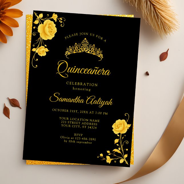 Convites Ouro Elegante Preto Floral e Quinceanera Dourada (Criador carregado)