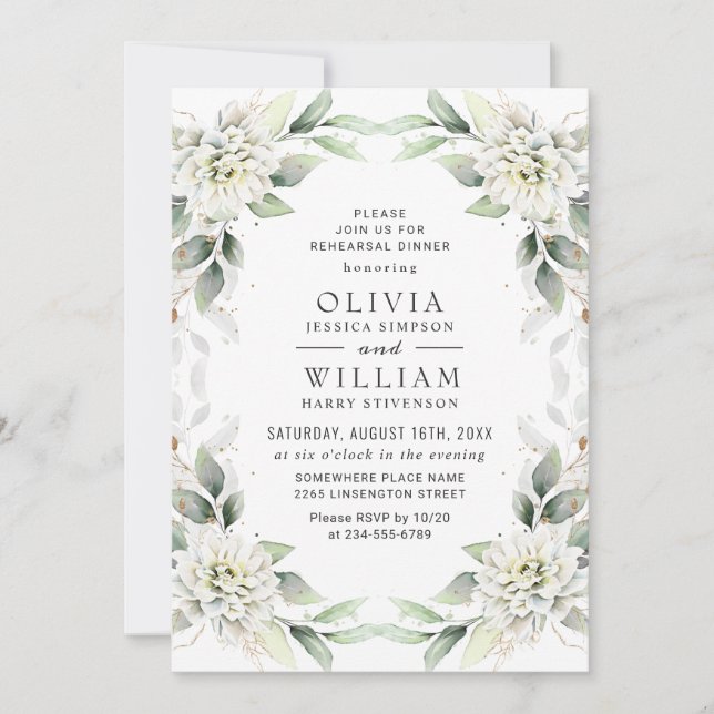 Convites Ouro Elegante Verde Greenery REHEARSAL (Frente)