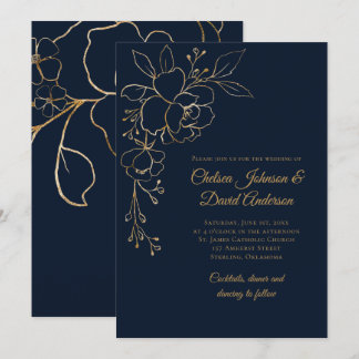 Convites Ouro esboçado Rosas no casamento azul escuro