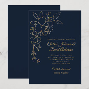 Convites Ouro esboçado Rosas no casamento azul escuro