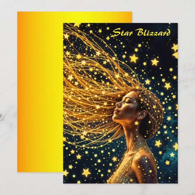 Convites Ouro estrelado moda bela moça brilhando céu (Frente/Verso)