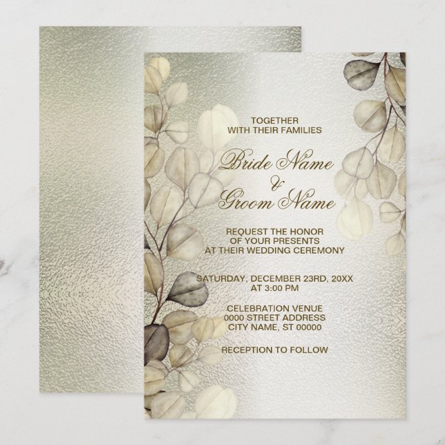 Convites Ouro Eucalyptus Elegant Wedding Shiny (Frente/Verso)