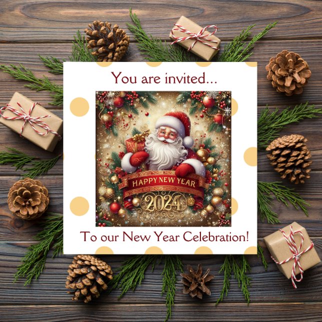 Convites Ouro Feliz ano novo Santa Claus personalizado (Santa Claus Happy New Year gold personalized Invitation)