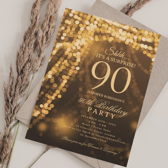 Convites Ouro | Festa Surpresa de 90 Anos  (Gold | Surprise 90th Birthday Party Invitation)