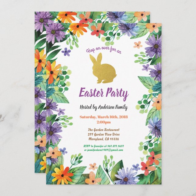 Convites Ouro floral de cor dourado de coelheiro de Páscoa (Frente/Verso)