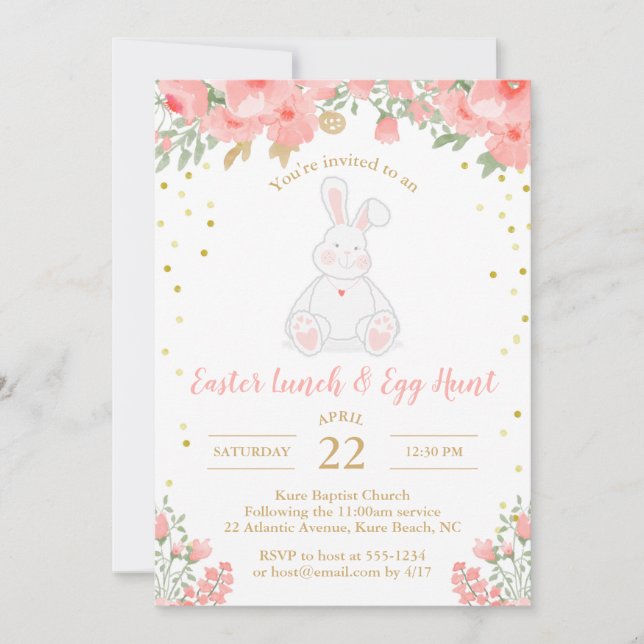 Convites Ouro floral do rosa do coelho da aguarela da caça (Frente)