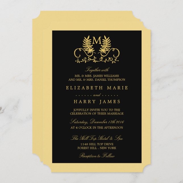 Convites Ouro Floral Emblem Wedding (Frente/Verso)