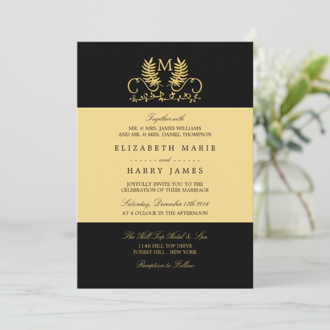 Convites Ouro Floral Emblem Wedding (Em pé/Frente)