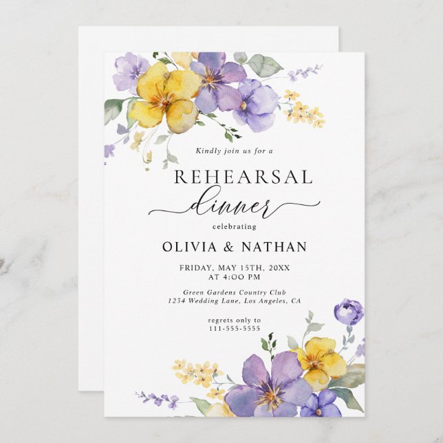 Convites Ouro Floral lavanda Janto de ensaio amarelo (Frente/Verso)